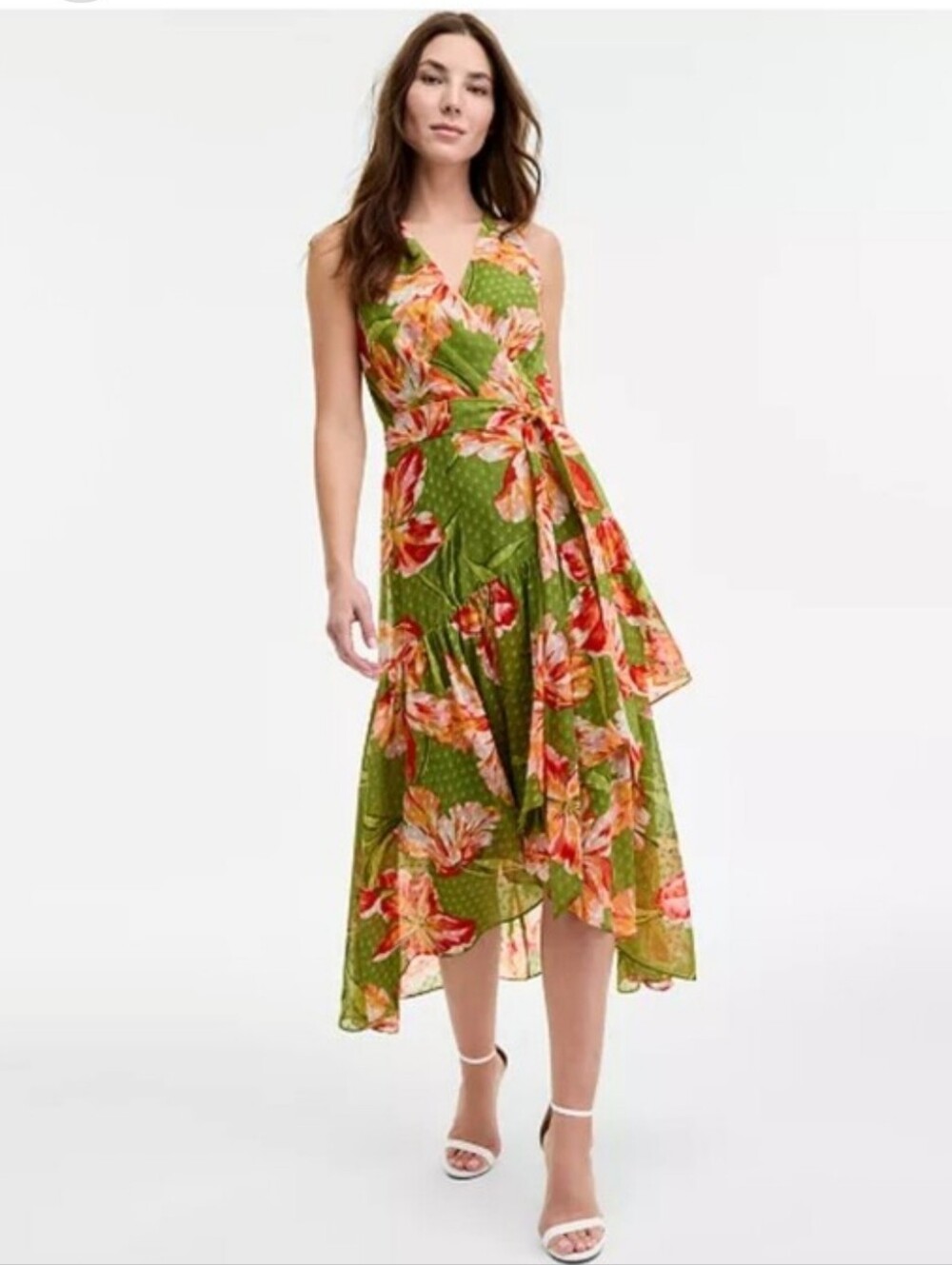 Anne Klein NWT $159 Green Floral Wrap Style High Low Maxi Dress Sz 10 Cocktail